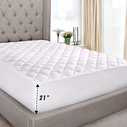 Mattress Cover, White Cotton-Poly Hypoallergenic Comfortable Soft - Quilted Fitted Mattress pad Queen Size 60" x 80" - Up to 20" Deep - Click to Buy