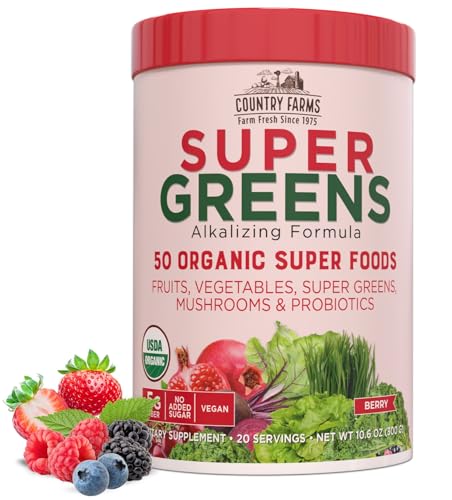 Country Farms Organic Super Greens Berry Flavor, 50 Organic Super Foods, Packed with Fiber, USDA Organic Drink Mix, Fruits, Vegetables, Mushrooms & Probiotics, Supports Energy, 5g Fiber - Click to Buy