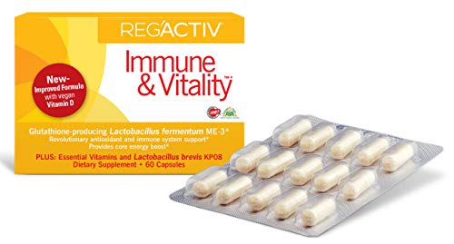 Reg'Activ Immune & Vitality with Lactobacillus fermentum ME-3, brevis KP08, Vegan Vitamin D3 and Vitamins C and B-Vitamins (B1, B2, B3 and B6) Essential for Health Maintenance - Click to Buy