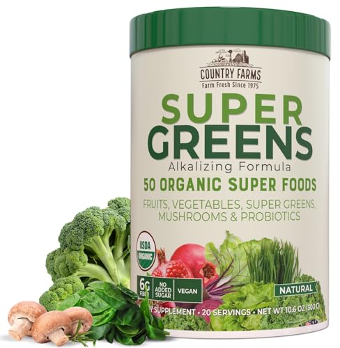 COUNTRY FARMS Organic Super Greens Natural Flavor, 50 Organic Super Foods, Packed with Fiber, USDA Organic Drink Mix, Fruits, Vegetables, Mushrooms & Probiotics, Supports Energy, 6g Fiber - Click to Buy