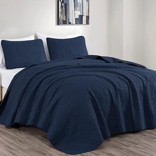 Chezmoi Collection Austin 3-Piece Oversized Bedspread Coverlet Set (Queen, Navy) - Click to Buy