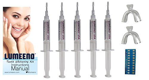 Lumeeno ? Teeth Whitening Kit 5 Large 44% Carbamide Peroxide Gels + 2 DIY Mouth Trays Shade Guide 25 Treatments Full At Home Tooth Bleaching Set Professional Dentist Grade Enamel Safe Whitener - Click to Buy