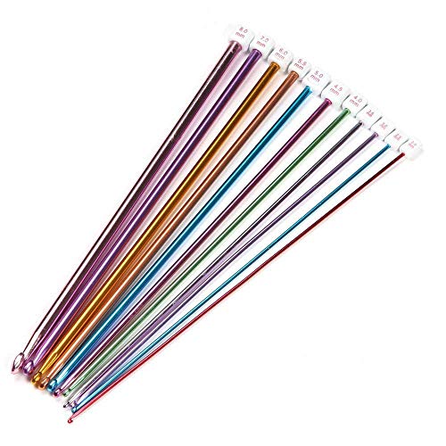 yueton 11 Different Size 10.5" Multicolour Aluminum Tunisian/Afghan Crochet Hook Needles (Pack of 11, 2.0mm-8mm)