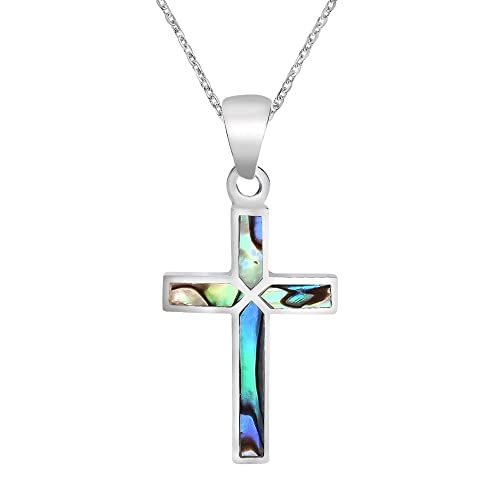 AeraVida Kreuz des Glaubens eingelegte Abalone-Muschel .925 Sterling Silber Anhänger Halskette - Click to Buy