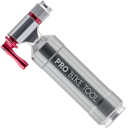Pro Bike Tool CO2 Inflator with Cartridge Storage Canister Quick, Easy and Safe - for Presta and Schrader - Bicycle Tire Pump for Road and Mountain Bikes - No CO2 Cartridges Included (Titanium) - Click to Buy