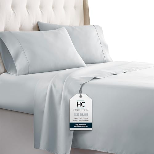 Parure de lit 4 pièces avec taies d'oreiller - Lavable en machine pour un entretien facile - Parure de lit douce et respirante pour toutes les saisons avec poches profondes - Bleu glacier - Click to Buy