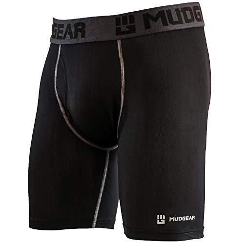 MudGear Men's Performance Boxer Brief, 9” Inseam - Breathable Wicking Compression Underwear - Running, OCR, Fitness (Med: 32"-34", Black/Gray) - Click to Buy