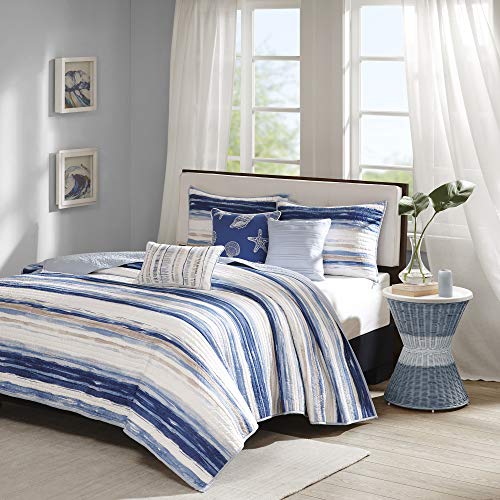 Madison Park Quilt Set Cottage Coastal Design, 6 Piece Set - All Season, Coverlet Bedspread Lightweight Bedding Layer, Shams, Toss Pillows, Full/Queen(90"x90"), Blue/White - Click to Buy