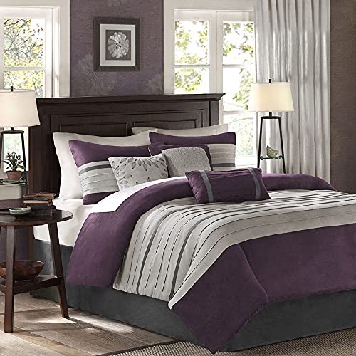 Madison Park Palmer Comforter Set - Faux Suede Design, Striped Accent, All Season Down Alternative Bedding, Matching Shams, Decorative Pillow, Bed Skirt, Full (82 in x 90 in), Purple 7 Piece