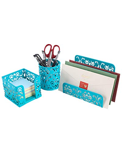 EasyPAG 3-Piece Desk Organizer Set with Carved Floral Design - No Assembly, Pen Holder, Letter Sorter & Sticky Notes Tray for Office & Home | Modern Office Supplies for Women, Dark Teal - Click to Buy