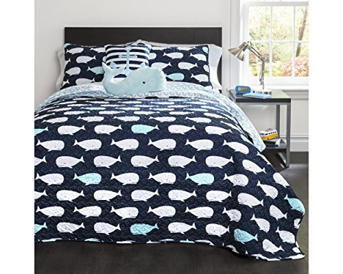 Lush Decor Whale Kids Reversible 5 Piece Quilt Bedding Set with Sham and Decorative Throw Pillows, Full/Queen, Navy