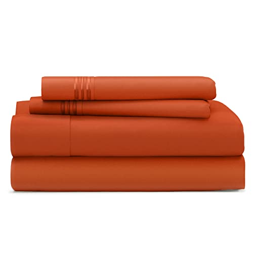 Cosy House Collection Bettbezug-Set 4 Stck. – Seidig weiche Mikrofaser-Bettwäsche – Ohne Falten, kein Verblassen plus schmutzabweisende Spannbettlaken, Bettlaken und Kissenbezüge mit tiefen Spanntaschen – Hypoallergen, Microfaser, burnt orange, King XL - Click to Buy