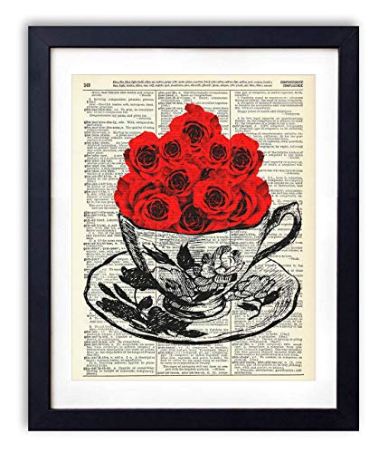 Tea Cup Of Roses Vintage Dictionary Art Print, Antique Wall Art Home Decor, Modern Boho Poster, Farmhouse Decoration Living Room Bedroom Office 8x10 Inches, Ready To Frame - Click to Buy