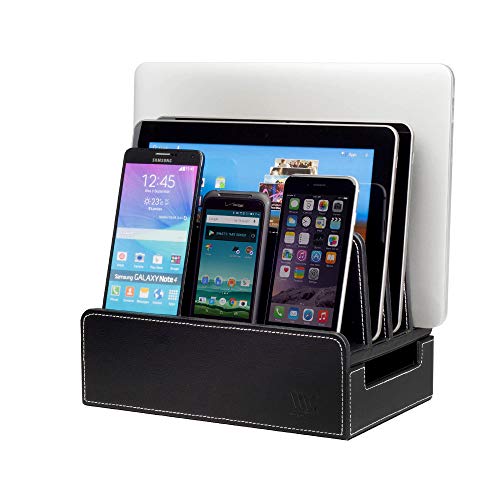 MobileVision Charging Station Slim Black Faux Leather Executive Stand and Docking Organizer for Multiple Devices, Smartphones, Tablets, & Laptops - Click to Buy