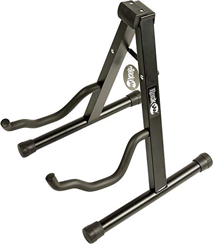 RockJam Foldable A-Frame Guitar Stand with Cushioned Arms and Rubber Feet. Electric, Acoustic & Bass Holder. (RJGS01) , Black - Click to Buy