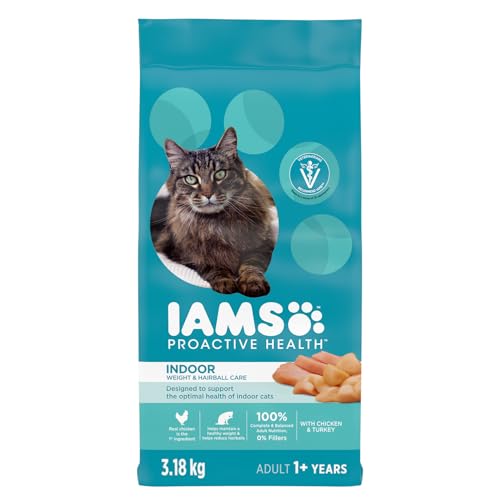IAMS PROACTIVE HEALTH Indoor Weight & Hairball Care Adult Dry Cat Food – Chicken & Turkey – 3.18KG (7LB) Bag - Click to Buy