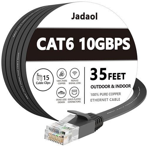 Jadaol Cat 6 Ethernet Cable 35 ft, Outdoor & Indoor 10Gbps Support Cat8 Cat7 Network, Flat RJ45 Internet LAN Computer Patch Cable for Router, Modem, Switch, Gaming Consoles, Streaming Devices, Black - Click to Buy