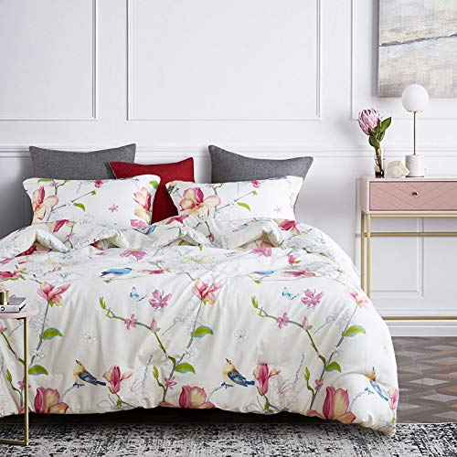 Wake In Cloud - Floral Duvet Cover Set, 100% Cotton Bedding, Botanical Flowers and Birds Pattern Printed, with Zipper Closure (3pcs, Queen Size).
