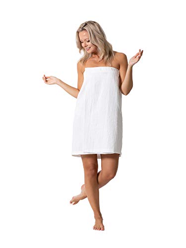 Turkish Linen Women’s Waffle Spa Body Wrap with Adjustable Closure (One Size, Pure White) - Click to Buy