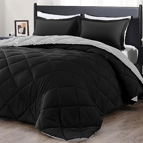 Downluxe Queen Comforter Set - Black and Grey, Soft Bedding for All Seasons - 3 Pieces: 1 Comforter (88"x92") and 2 Pillow Shams (20"x26")