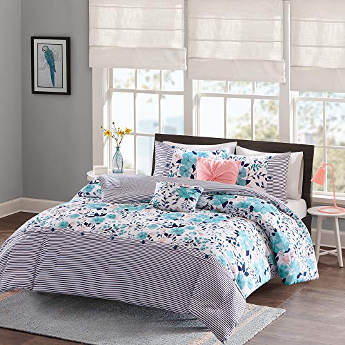 Intelligent Design Delle Comforter Set Twin/Twin XL Size - Blue, Floral Stripes – 4 Piece Bed Sets – Ultra Soft Microfiber Teen Bedding for Girls Bedroom - Click to Buy