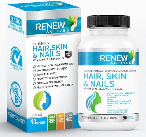 Renew Actives Skin, Hair and Nails Vitamins for Women & Men, 90 Rapid Release Capsules, Infused with 22 Active Nutrients & 200% DV of Biotin, Advanced Multivitamin Complex for Healthy Hair, Skin, Bone Density, and Thyroid Function. Vegan, Made in Canada! - Click to Buy