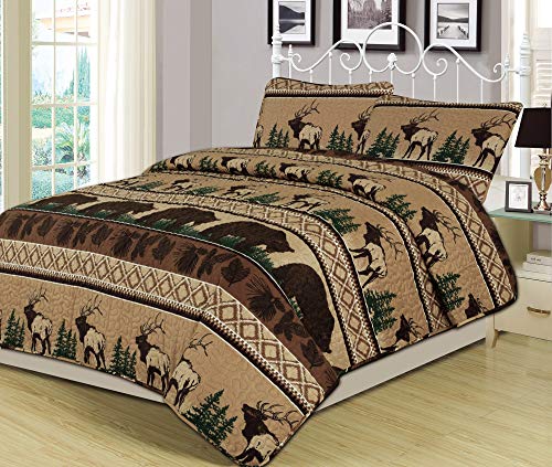 HowPlumb Bear Mountain 3-Piece Quilt Set Featuring Bear Elk Log Cabin Lodge Rustic, Queen, Brown - Click to Buy