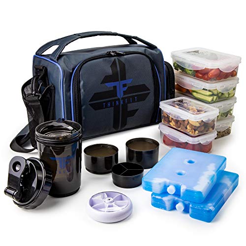 ThinkFit Sac Isotherme Repas, Sans BPA - 6 Boîtes à Lunch pour Aliments Allant au Micro-Ondes et au Congélateur, Bouteille de Shaker, Boîte à Comprimés - Boite Hermetique Alimentaire - Bleu - Click to Buy