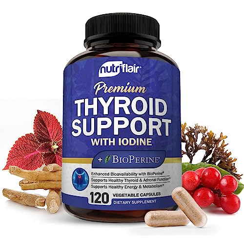 NutriFlair Thyroid Support Complex, 120 Capsules - with Iodine, Black Pepper, Ashwagandha, Vitamin B12 - Thyroid Supplement for Women and Men