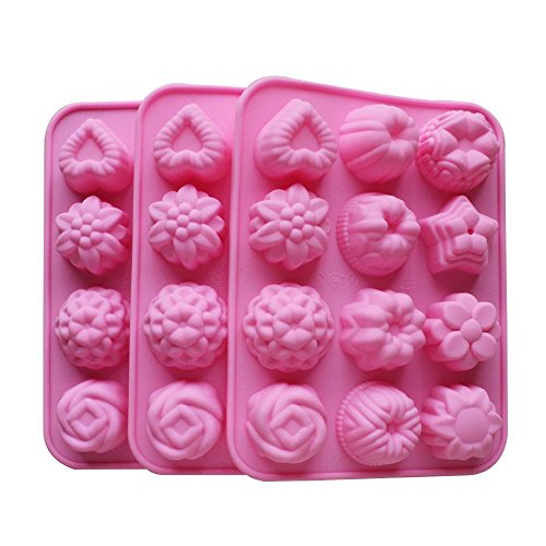 BAKER DEPOT Silicone Bakeware Mold For cake chocolate Jelly Pudding Dessert Molds 12 Holes With Flower Heart Shape Set of 3 - Click to Buy