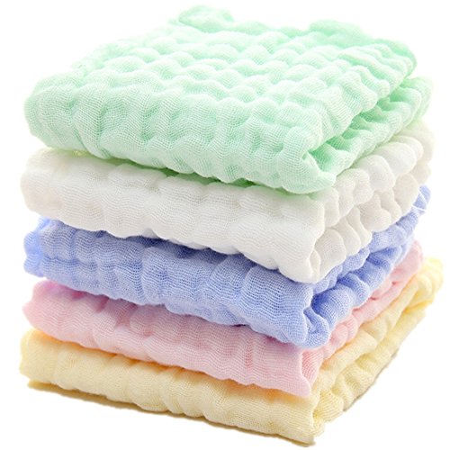 MUKIN Baby Muslin Washcloths - Soft Newborn Baby Face Towel and Washcloth for Sensitive Skin - 5 Pack, 12x12 inches, Assorted Colors, 100% Muslin Cotton - Click to Buy