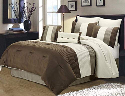 Chezmoi Collection 8 Pieces Luxury Striped Comforter Set (Queen, Brown/Off-White/Taupe) - Click to Buy