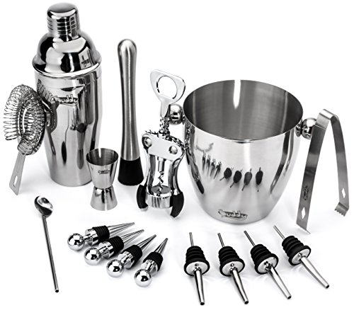 Buddy 16-Piece Wine and Cocktail Mixing Bar Set–Bartender Kit w/Essential Barware Tools-Large 25 oz. Stainless Steel Shaker, Ice Bucket, Muddler, Double Sided Jigger - Free 1000 Cocktail Recipes PDF - Click to Buy