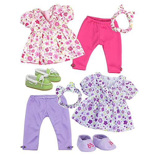 Sophia's 15" Baby Doll 8pc. Floral Short Sleeve Tunics, Leggings, Headbands and Shoes, Hot Pink and Purple