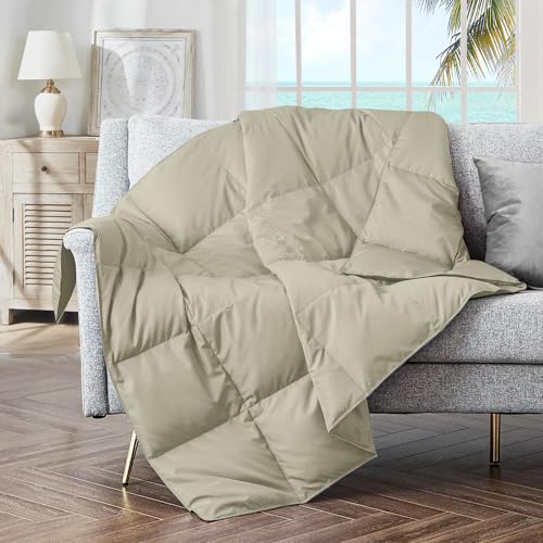 Puredown® Soft Feather Down Throw Blanket Lightweight Packable Couch Throw for Indoor and Outdoor Use, 50"X70", Beige - Click to Buy