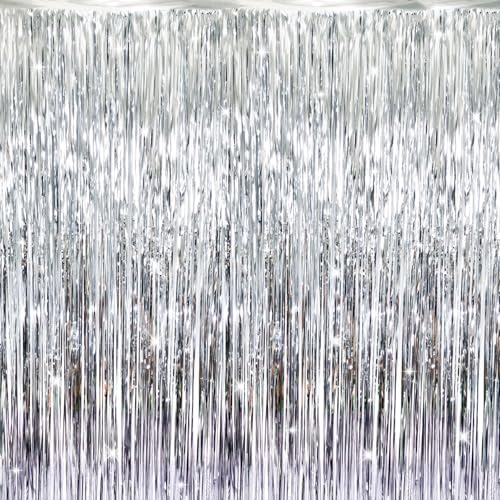 1, Silver : GOER 3.2 ft x 9.8 ft Metallic Tinsel Foil Fringe Curtains for Party Photo Backdrop Wedding Decor (Silver,1 pack) - Click to Buy