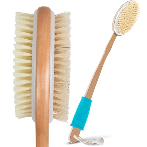 Dry Skin Body Brush by Vive - Scrubber for Shower Dry Brushing Skin Exfoliating Cellulite & Shower Scrubber w/Soft & Stiff Massage Bristles - Long Wooden Handle