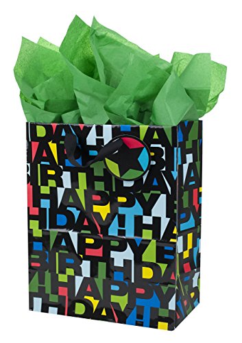 Hallmark 13" Large Birthday Gift Bag with Tissue Paper (Happy Birthday in Black Letters) for Kids, Adults, Men, Boys, Husband, Son, Brother and More - Click to Buy