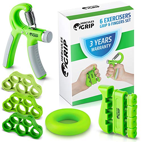 HerculesGrip Hand Grip Strengthener Forearm Grip Workout Kit - 6 Pack - Adjustable Hand Gripper Resistance Range of 22-88lbs, Finger Exerciser, Finger Stretcher & Exercise Ring + HD Video Manual - Click to Buy