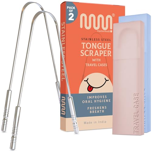 MasterMedi Tongue Scraper for Adults with Multicolor Travel Cases (2 Pack), 100% Stainless Steel, Reduce Bad Breath, Tongue Scrubber, Easy to Use, Tongue Cleaner for Oral Care & Hygiene - Click to Buy