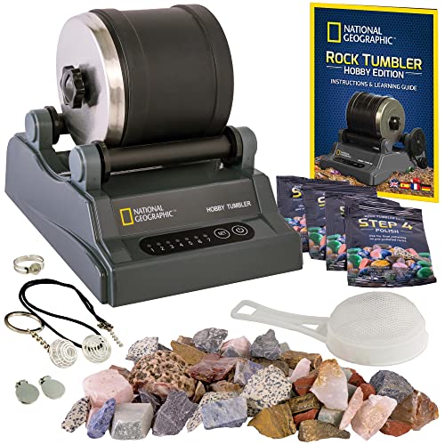 NATIONAL GEOGRAPHIC Hobby Rock Tumbler Kit - Includes Rough Gemstones, 4 Polishing Grits, Jewelry Fastenings, Learning Guide, Great Stem Science Kit - Click to Buy