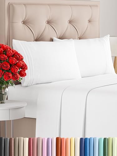Full Size 4 Piece Sheet Set - Comfy Breathable & Cooling Sheets - Hotel Luxury Bed Sheets for Women & Men - Deep Pockets, Easy-Fit, Extra Soft & Wrinkle Free Sheets - White Oeko-Tex Bed Sheet Set - Click to Buy