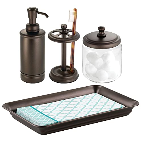 mDesign Classic Bath Accessory Set for Bathroom Vanity Countertops and Sinks, Includes Glass Canister Jar, Toothbrush Holder, Soap Pump Dispenser and Vanity Tray, Set of 4 - Bronze - Click to Buy