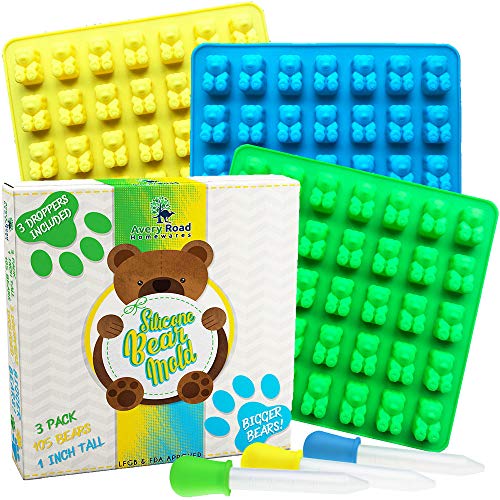BIGGER Gummy Bear Mold 3 Pack BONUS 3 Droppers – LARGE Pure LFGB Silicone Candy Molds ~ 105 Big 1 Inch Gummie Bears on Trays – Ice Cube Gummies Chocolate & Gelatin Maker - Click to Buy