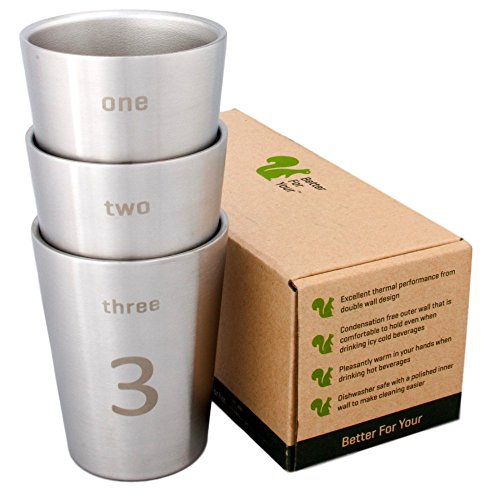 Better For Your - Small Stainless Steel Double Wall Number Cups - 8oz (250ml) - Set of 3 - Tumblers with Numbers and Words 1-2-3 - Click to Buy