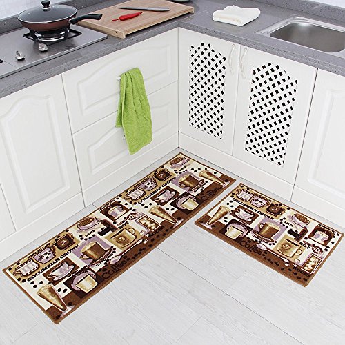 Carvapet 2 Piece Non-Slip Kitchen Mat Rubber Backing Doormat Runner Rug Set, Coffee Design (Brown 15"x47"+15"x23") - Click to Buy