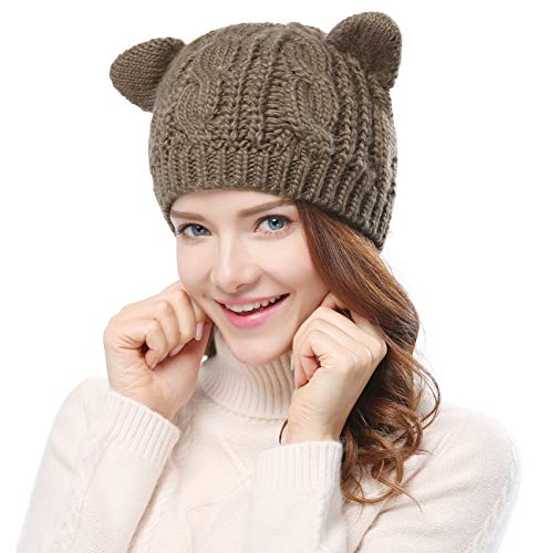 Bellady Women's Hat Cat Ear Crochet Braided Knit Caps, Khaki, One Size - Click to Buy