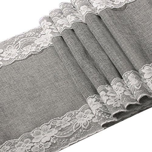 Ling's moment 12 x 108 Inch Grey Burlap Table Runner with Lace Trim for Rustic Chic Fall Wedding Party Home Dinning Table Dresser Decor/Machine Washable - Click to Buy