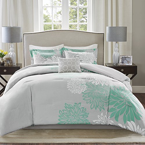 King, Aqua/Grey : Comfort Spaces – Enya Comforter Set - 5 Piece – Aqua, Grey – Floral Printed – King Size, Includes 1 Comforter, 2 Shams, 1 Decorative Pillow, 1 Bed Skirt - Click to Buy