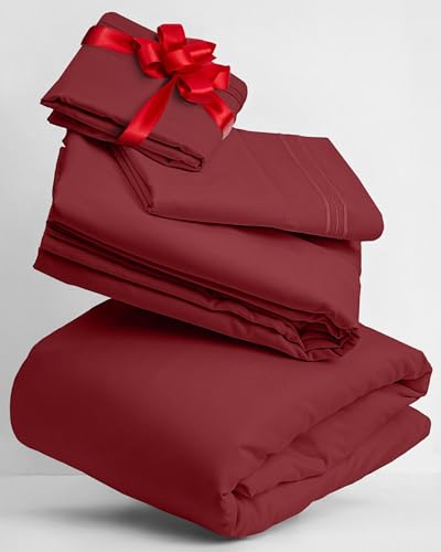 Mellanni Split King Sheets Set - 5 PC Iconic Collection Bedding - Hotel Luxury, Extra Soft, Cooling Bed Sheets - Wrinkle, Fade, Stain Resistant (Split King, Brick Red)